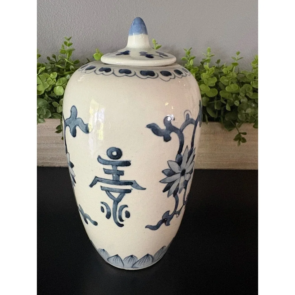 Vintage Hand Painted Blue & White Delft Style Apothecary Ginger Jar with Lid 10